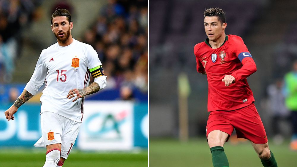 القنوات المفتوحة الناقلة لمباراة اسبانيا والبرتغال في الامم اوروبا combophoto datant du 14 juin 2018 representant les capitaines du portugal cristiano ronaldo d et de l espagne sergio ramos 6073694