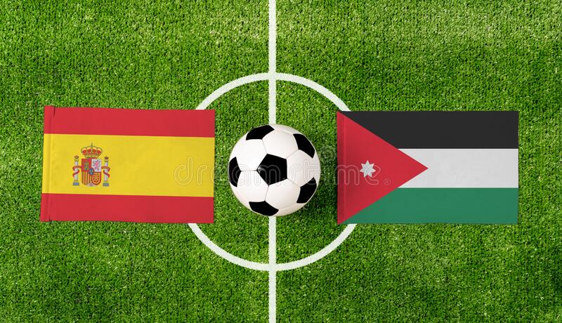 top view soccer ball spain vs jordan flags match green football field top view soccer ball spain vs jordan flags 223683370 1